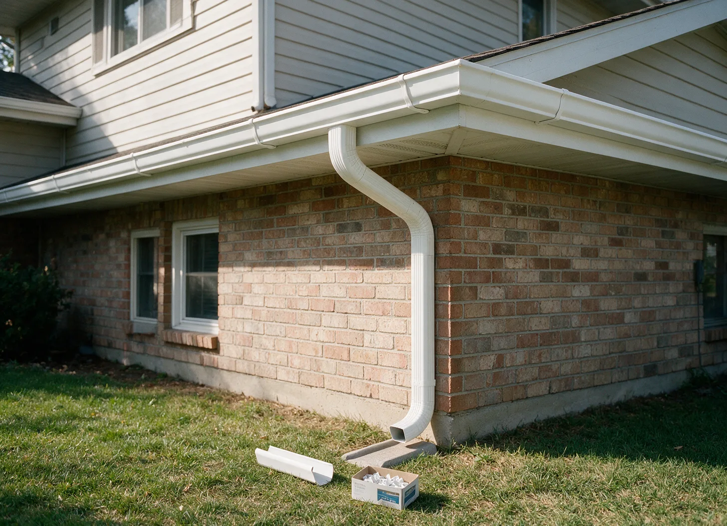 New white seamless gutters and a downspout on a house corner