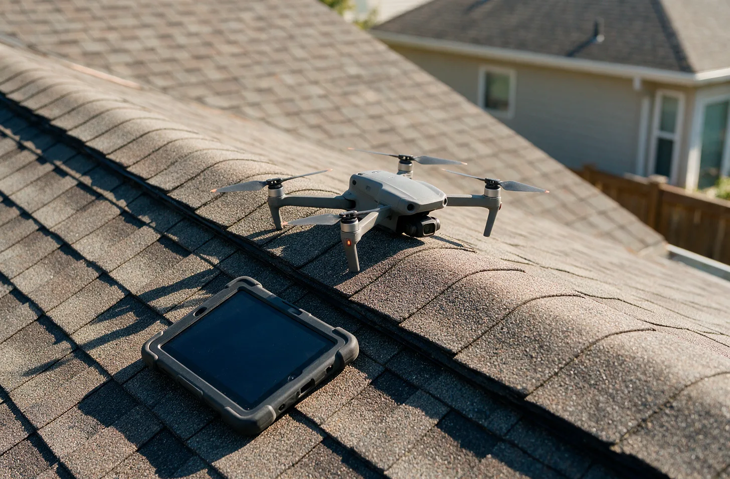 A small inspection drone resting on a roof ridge