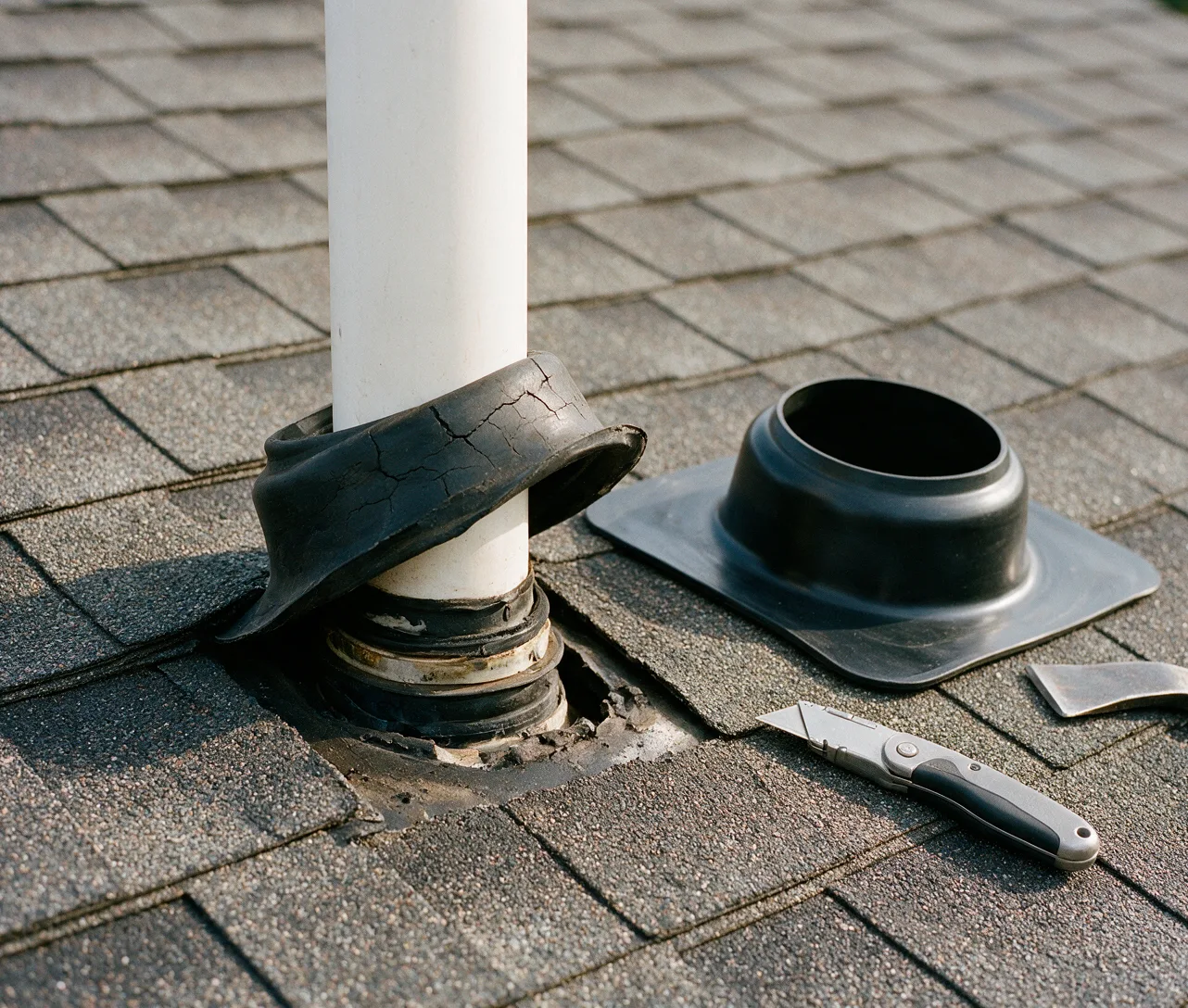 A cracked plumbing vent boot beside its new replacement on a roof