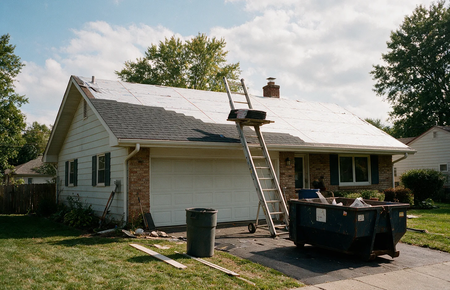 A ranch house partway through a reroof with new shingles going up