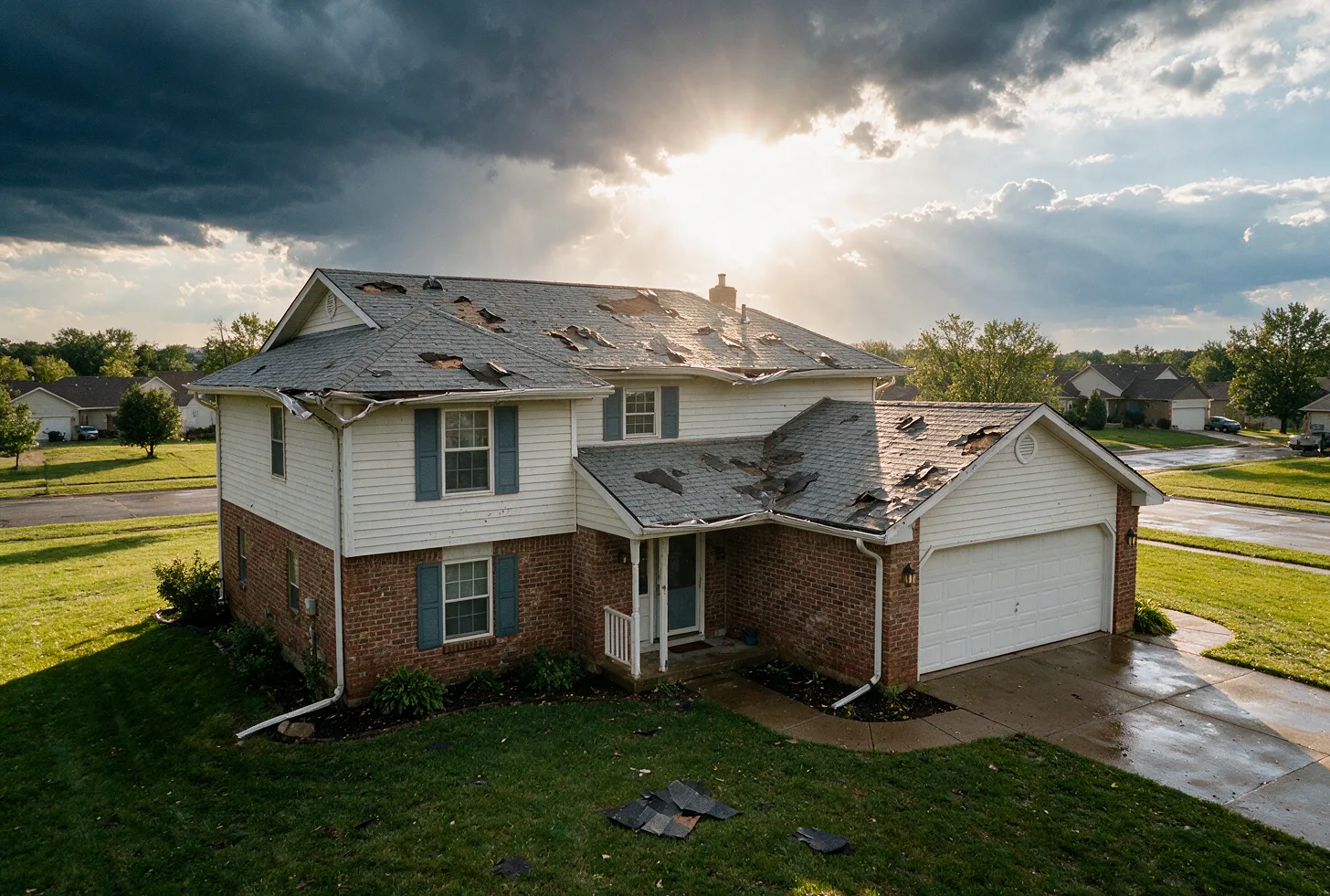 A hail-damaged shingle roof on a house under clearing storm clouds